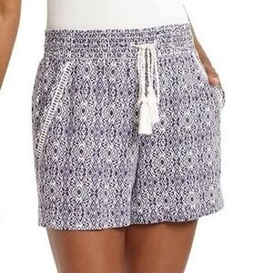 Briggs Womens Navy White Ikat Geometric Smocked Waist Tassel Shorts Size M